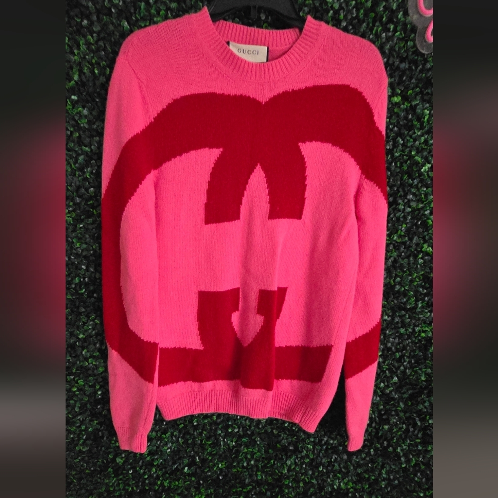 Gucci Interlocking GG Lana Logo Sweater Pink Red Wool Pullover XS Oversized